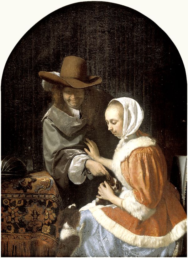 A Man And Woman With Two Dogs (Teasing The Pet) by Frans van Mieris, 1660
